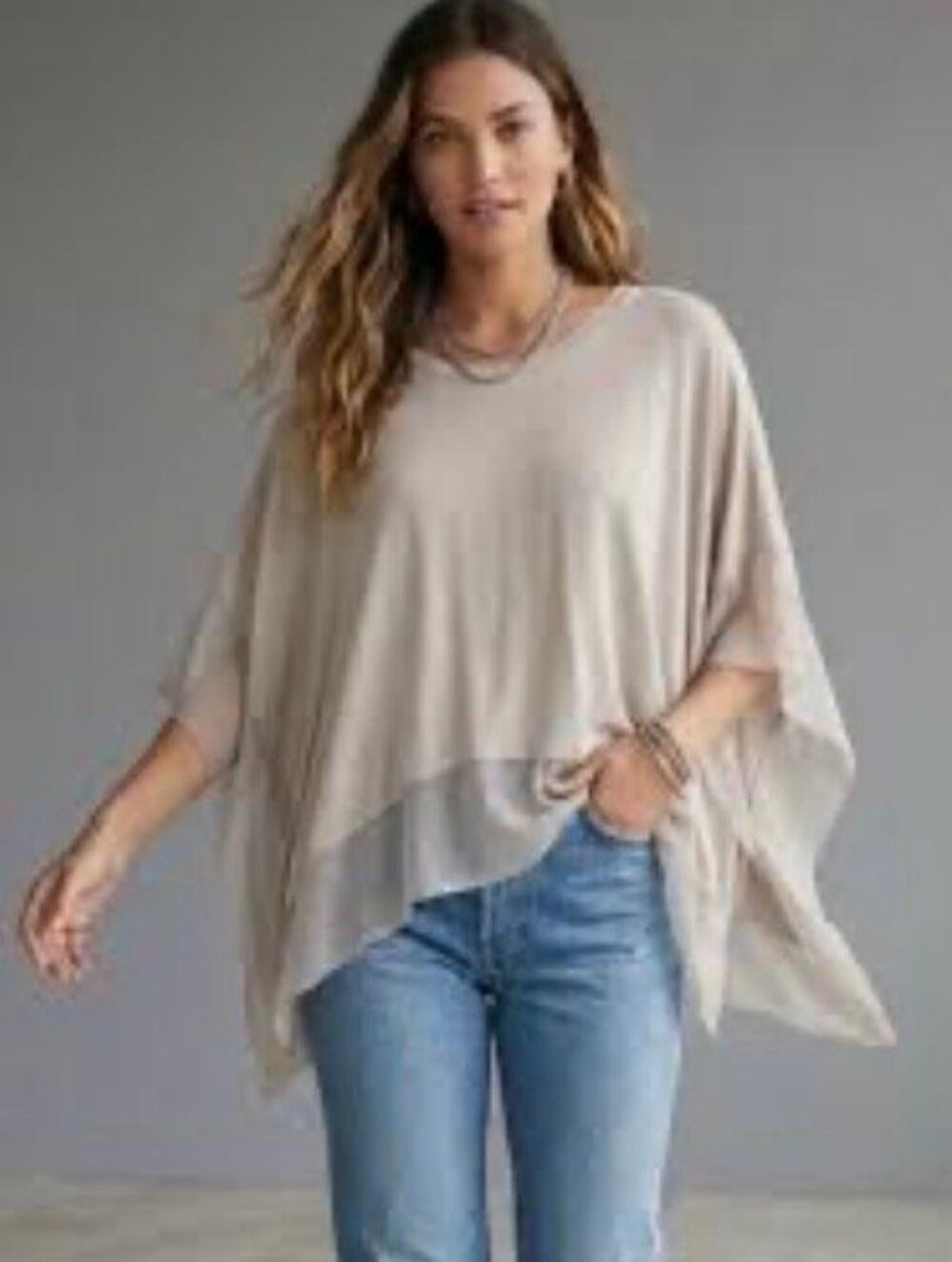 BCBG Max Azria taupe sheer trimmed flowy knit poncho top - XS